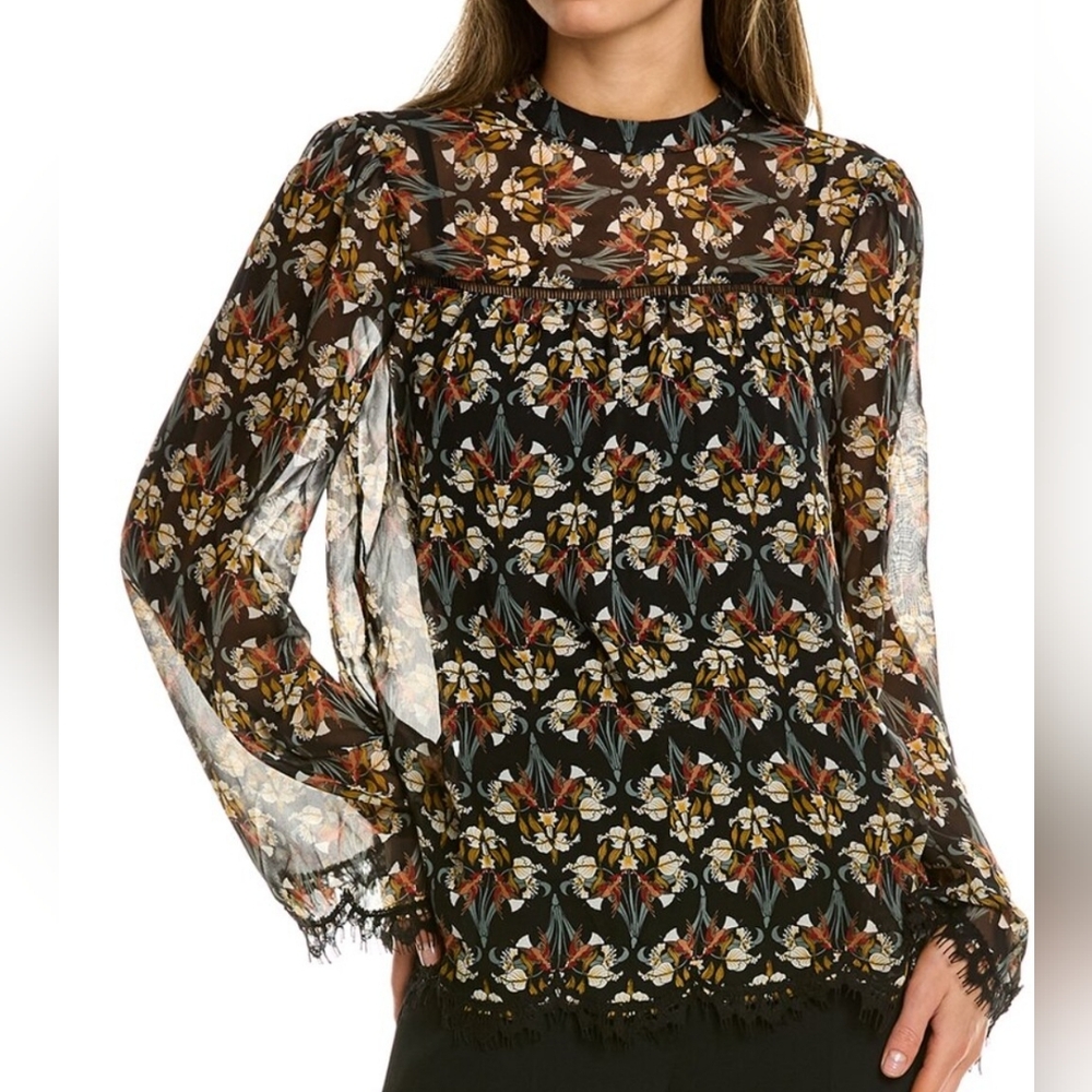 Max Studio Black With Brown Floral Sheer Blouse With Lace And Flare Sleeves